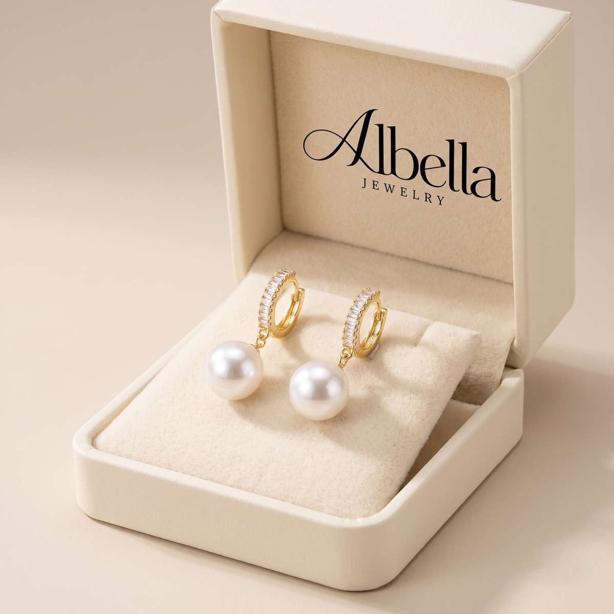 Chic Earrings with Pearls and Zircon in Albella Jewelry gift box
