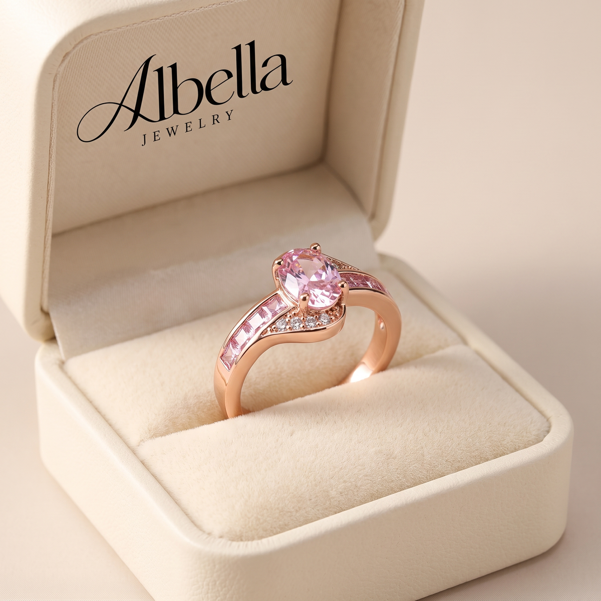Exclusive Gold Ring with Pink Crystal in Albella Jewelry gift box