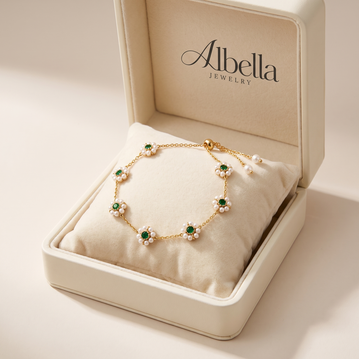 Elegant Daisy Bracelet with Green Crystals in Albella Jewelry gift box