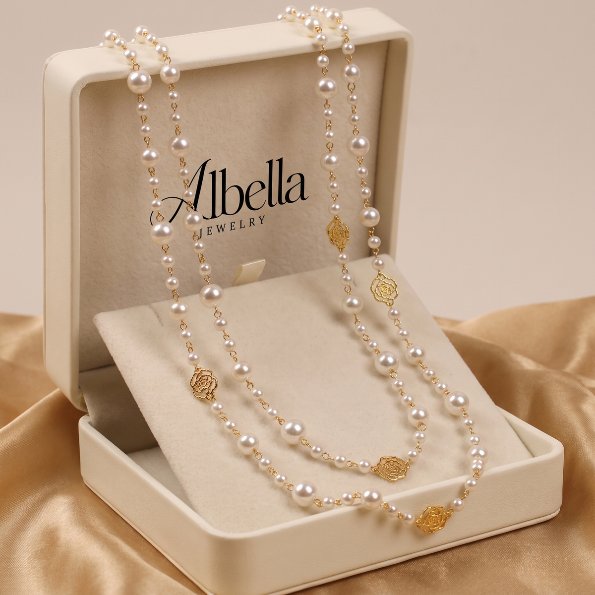 Elegant Gold Pearl Necklace in Albella Jewelry gift box