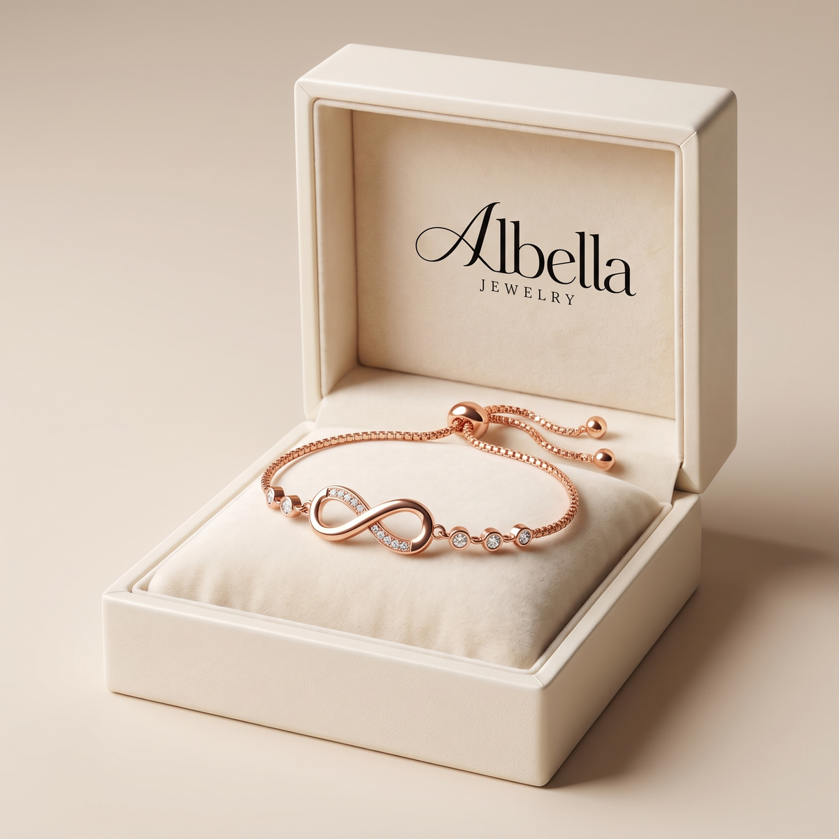 Chic Adjustable Rose Gold Infinity Bracelet in Albella Jewelry gift box