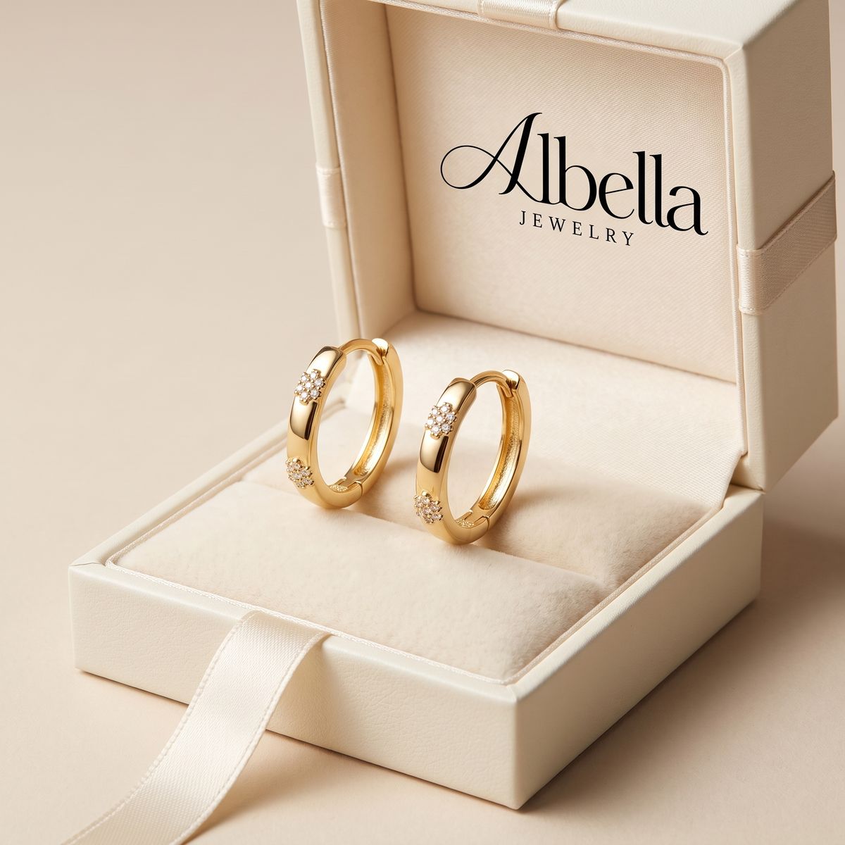 Vintage Gold Flower Hoop Earrings in Albella Jewelry gift box