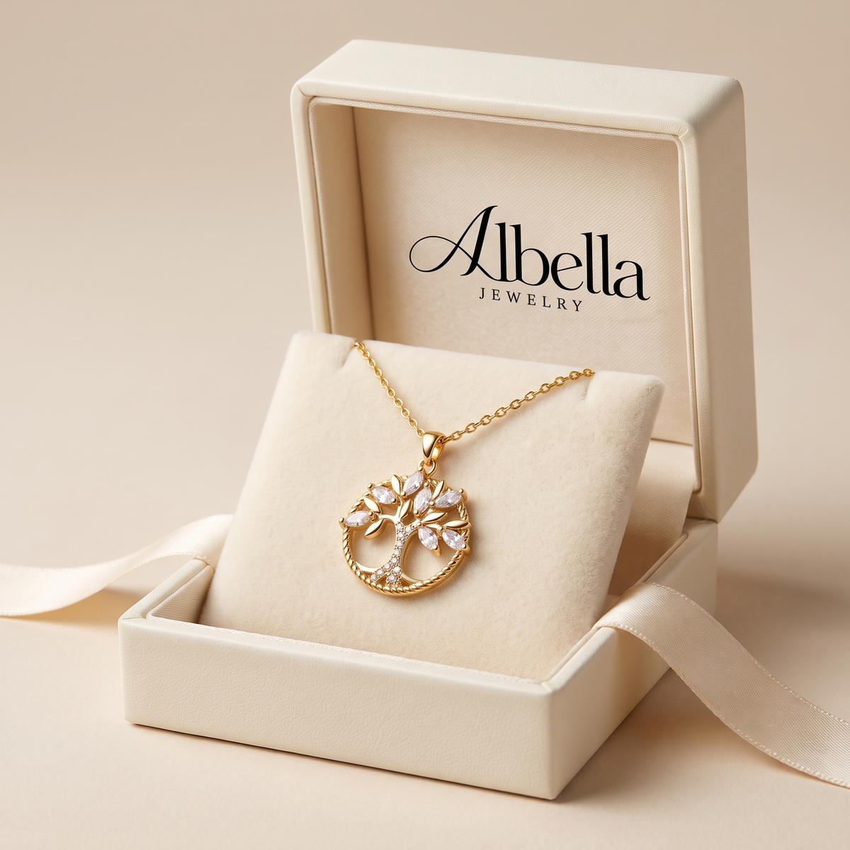Gold Tree of Life Necklace with Crystal in Albella Jewelry gift box