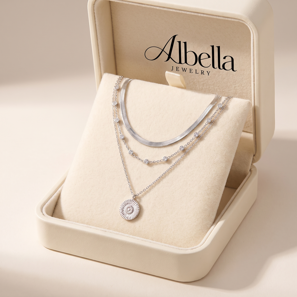 Layered Silver Necklace Set with Choker and Pendant in Albella Jewelry gift box