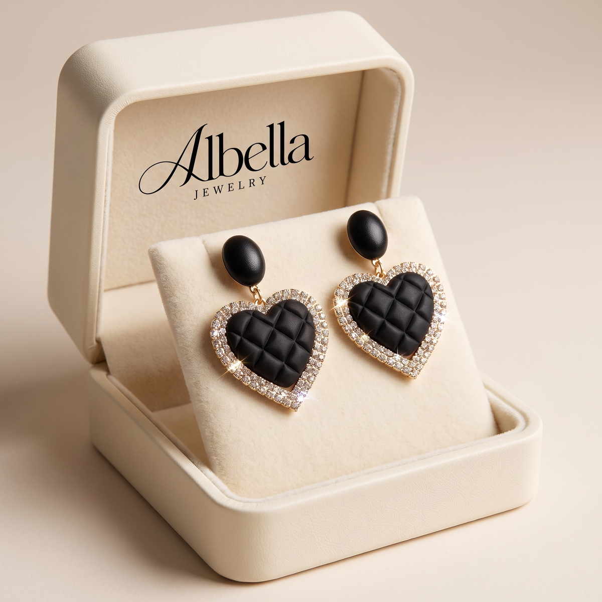 Gold Black Heart Earrings in Albella Jewelry gift box