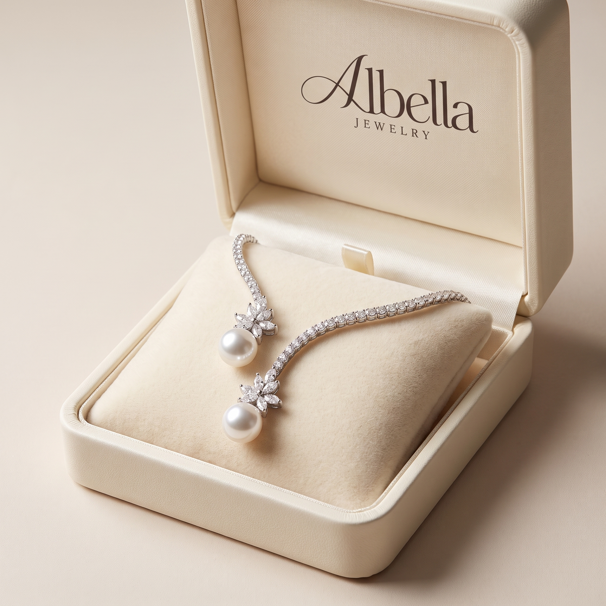 Elegant Sparkling Sterling Silver Pearl Necklace in Albella Jewelry gift box
