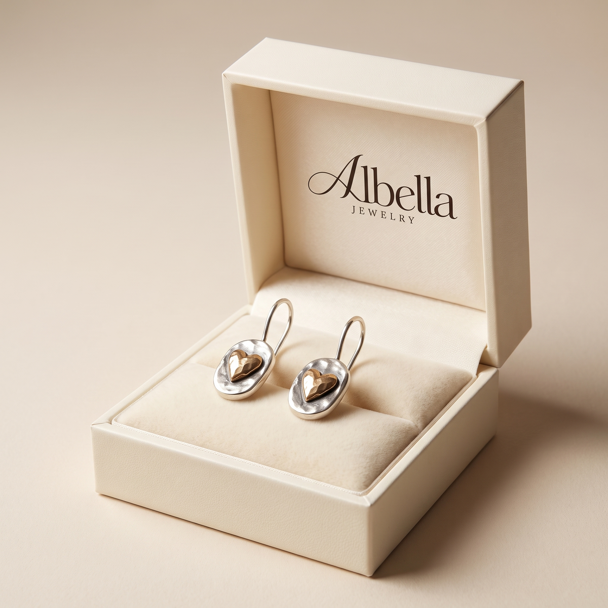 Heart-Shaped Silver and Gold Earrings in Albella Jewelry gift box
