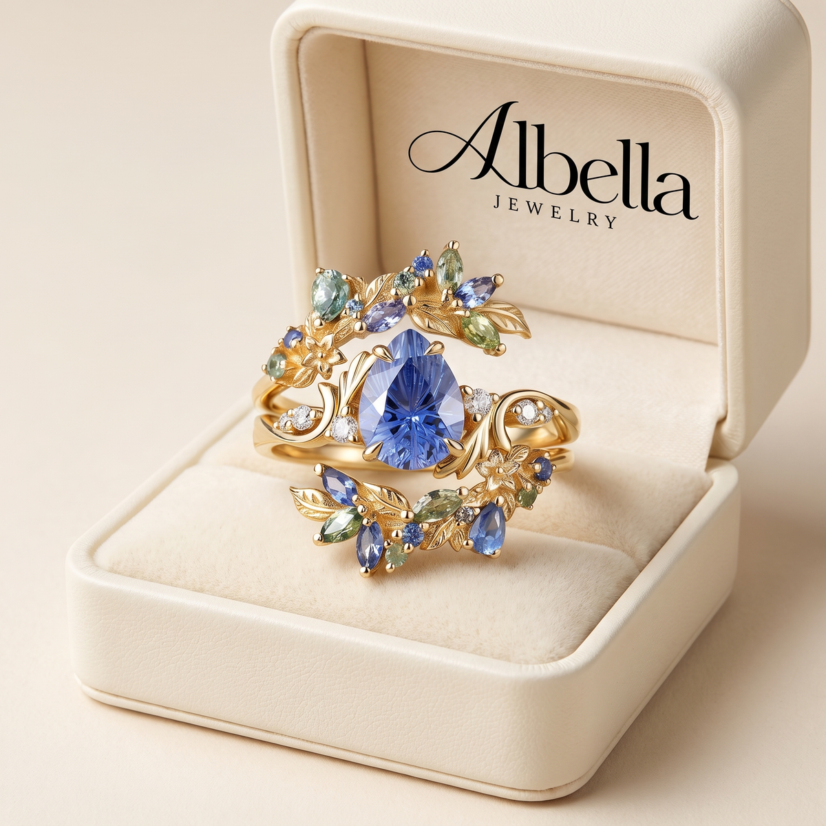 Blue Pear Sapphire Leaf Ring in Albella Jewelry gift box