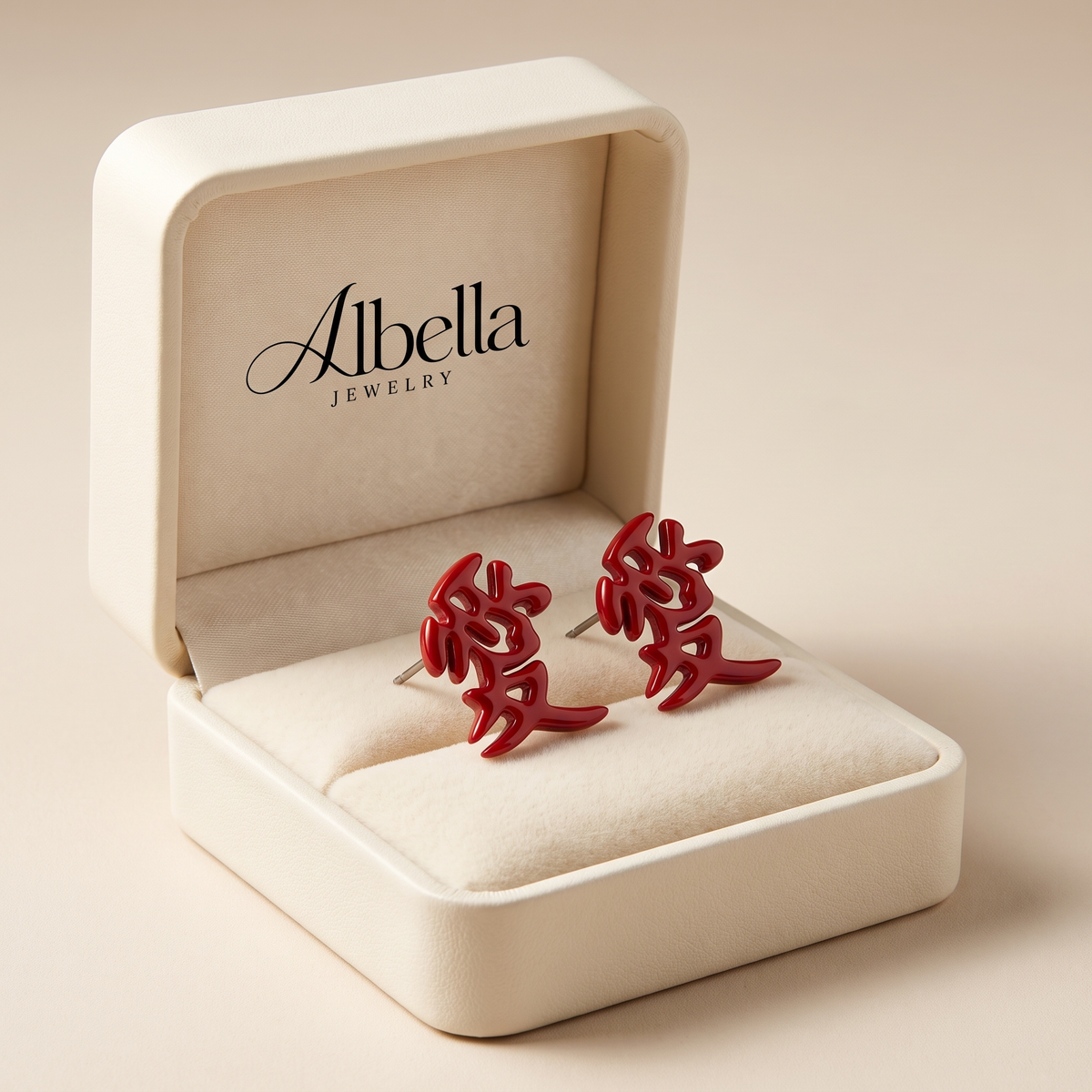 Bold Red Kanji Love Stud Earrings in Albella Jewelry gift box