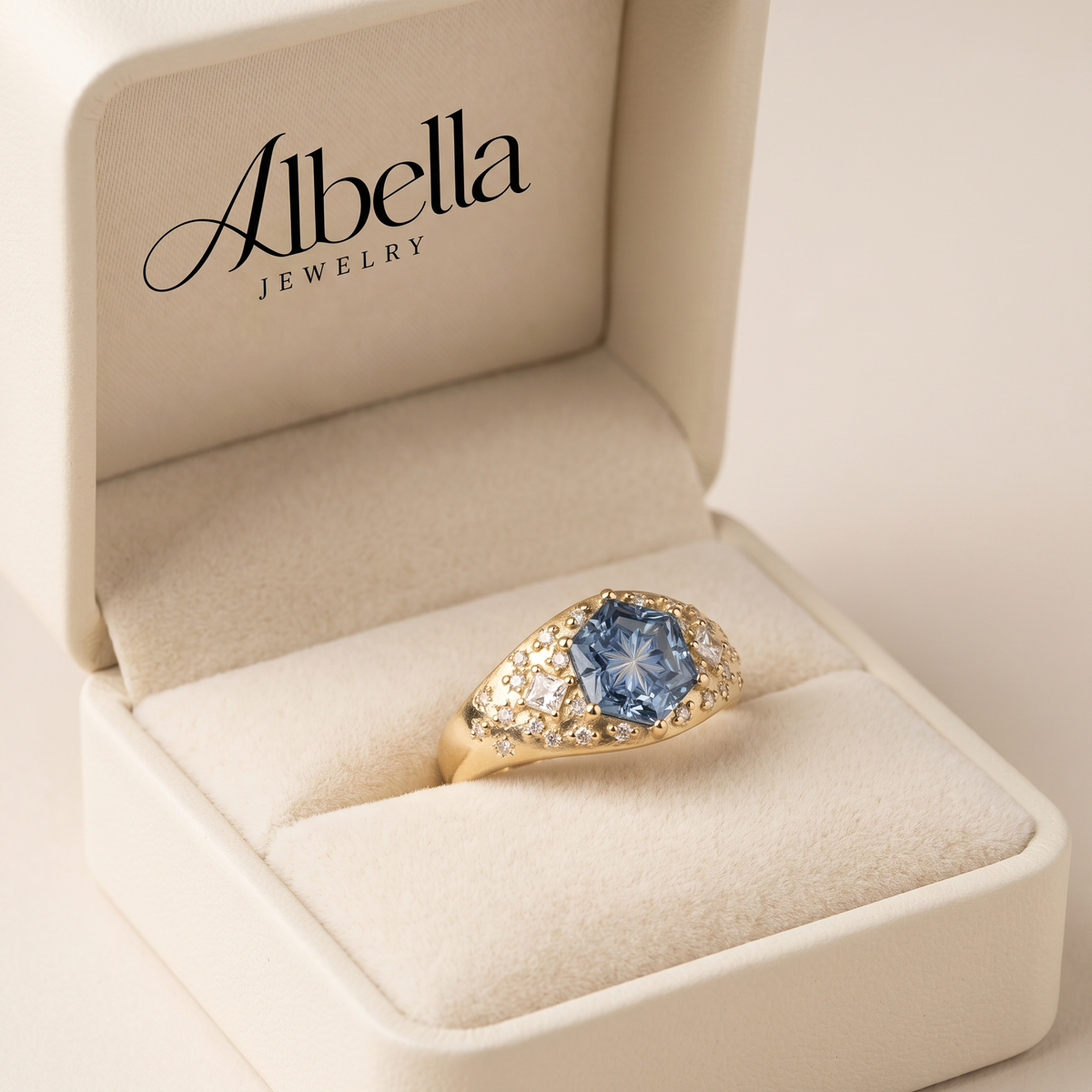 Gold Blue Hexagon Crystal Ring in Albella Jewelry gift box