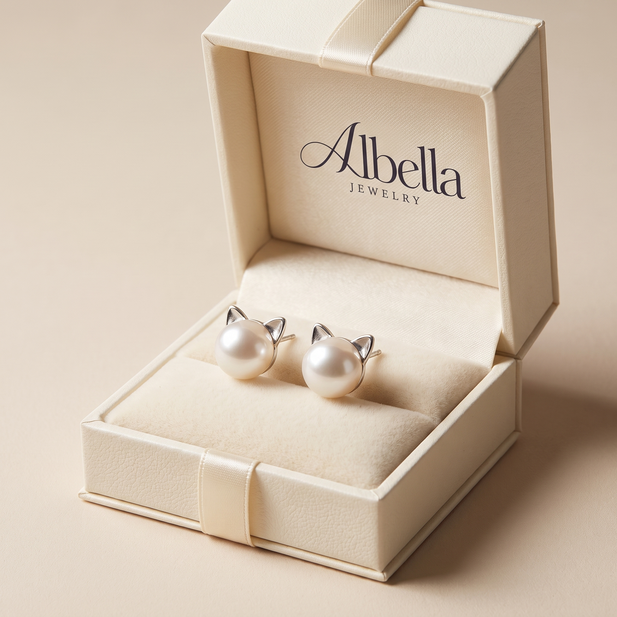Sterling Silver Cat Pearl Stud Earrings in Albella Jewelry gift box
