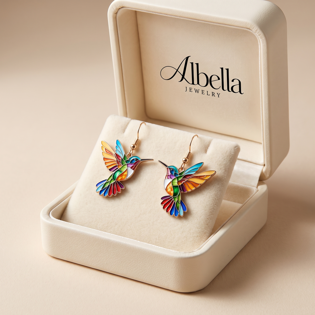 Acrylic Hummingbird Dangle Earrings – Bright 2D Bird Design in Albella Jewelry gift box