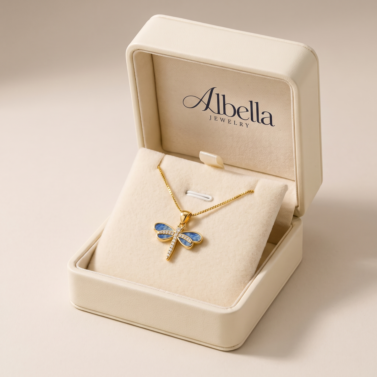 Dragonfly Necklace in Gold with Opal in Albella Jewelry gift box