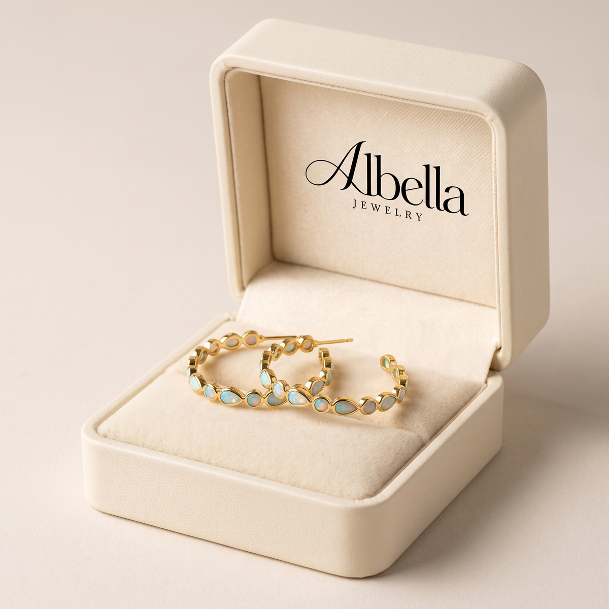 Vintage Blue Opal Golden Hoop Earrings in Albella Jewelry gift box