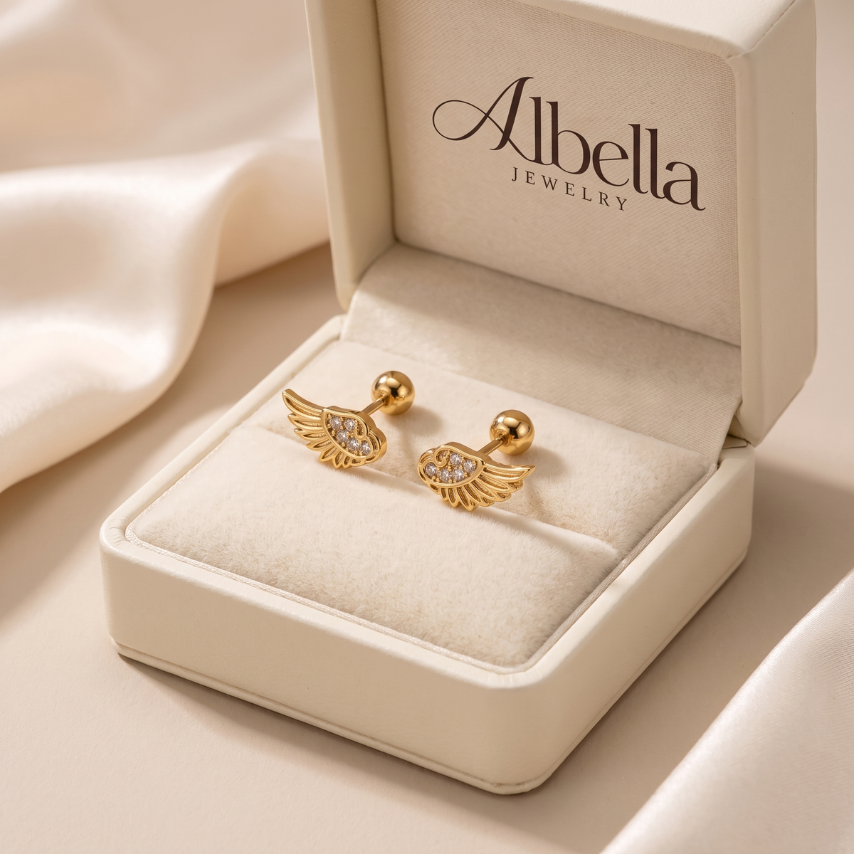 Ethereal Gold Angel Wing Barbells in Albella Jewelry gift box