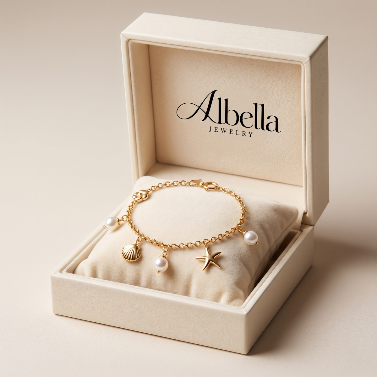 Seashell Starfish Pearl Charm Bracelet in Albella Jewelry gift box