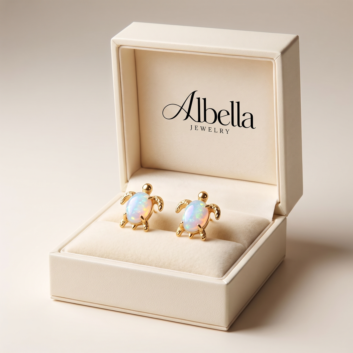 Oval Opal Sea Turtle Stud Earrings in Albella Jewelry gift box