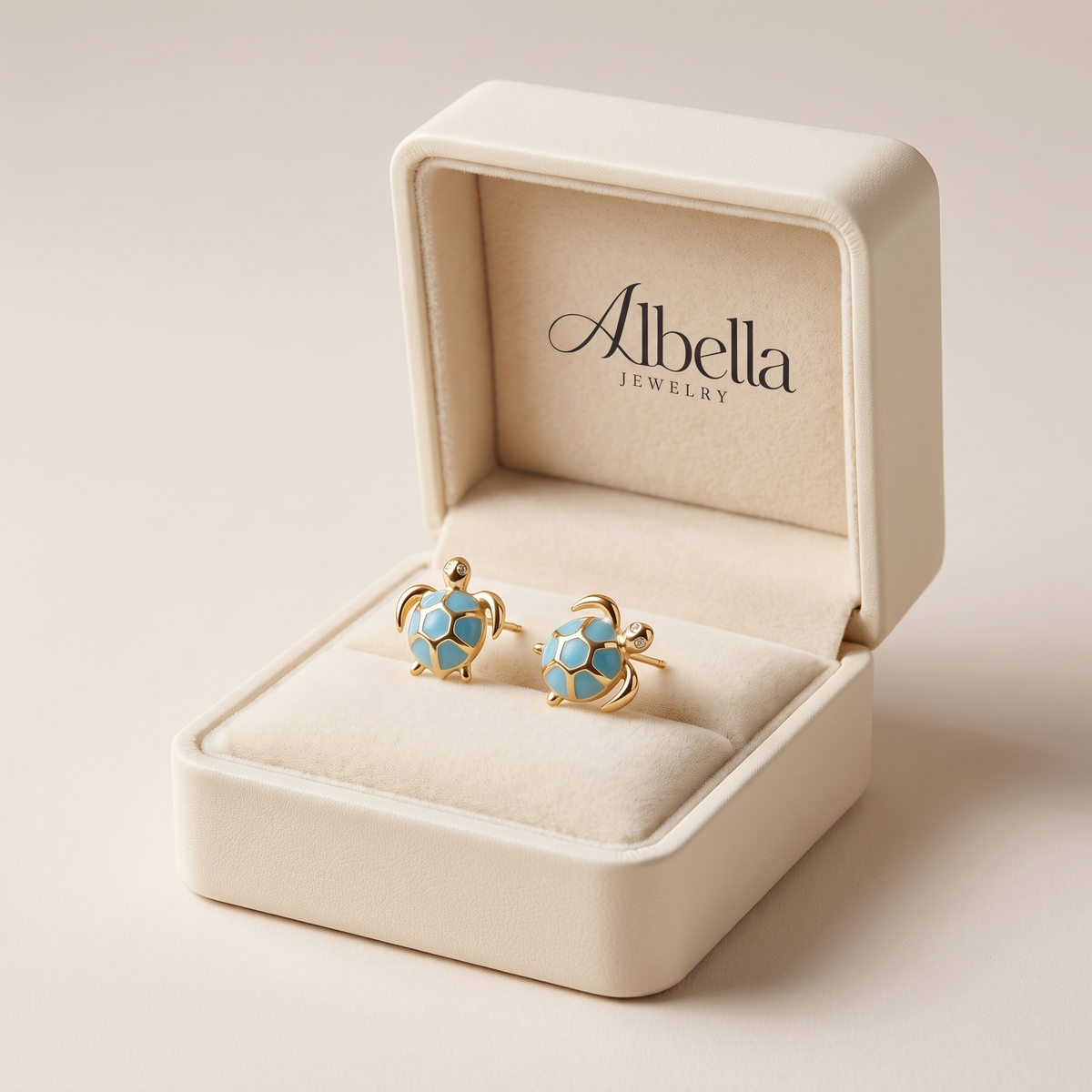 Blue Sea Turtle Stud Earrings in Albella Jewelry gift box