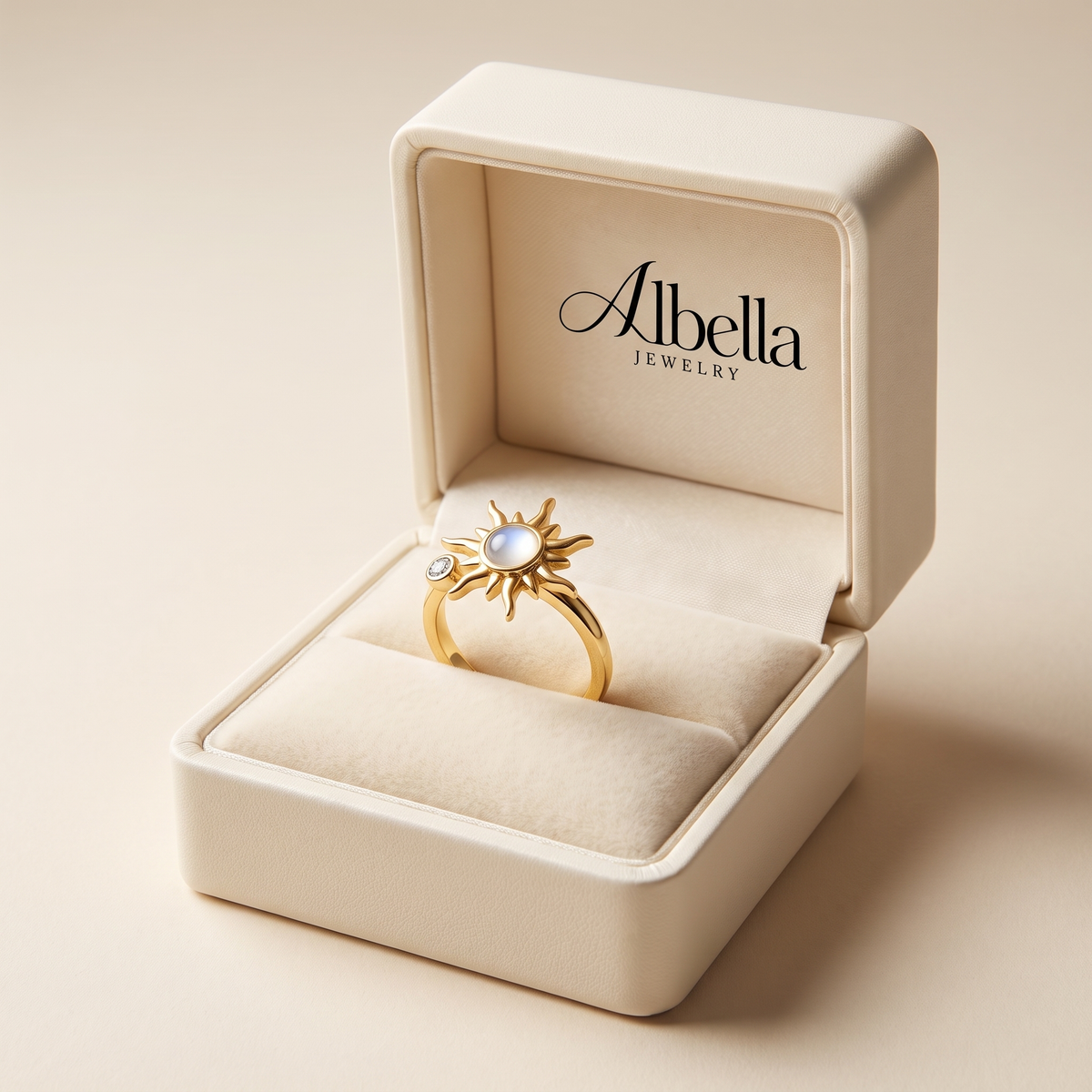 Moonstone Sun Fidget Spinner Ring in Albella Jewelry gift box