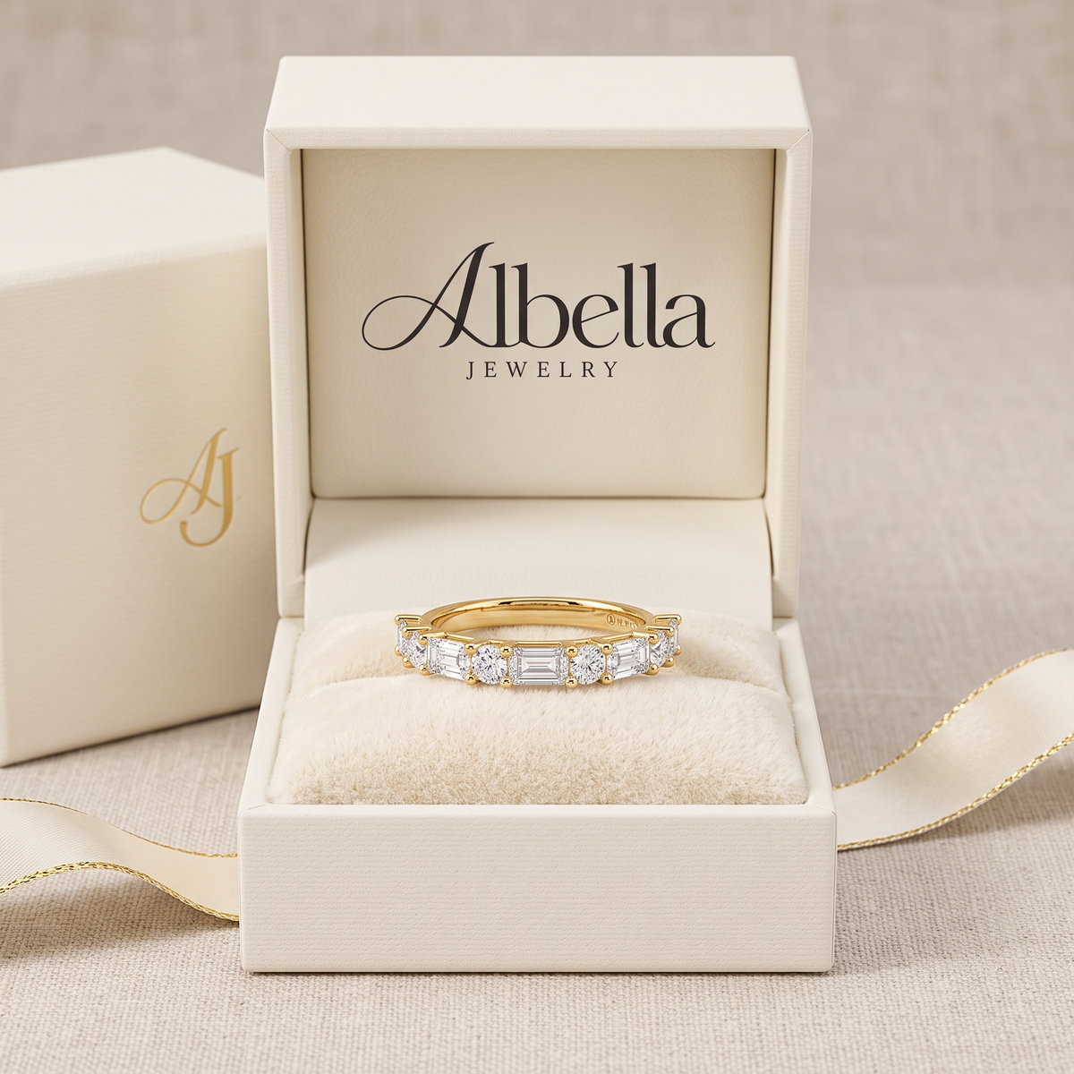 Della Half Eternity Alternating Diamond Band in Albella Jewelry gift box