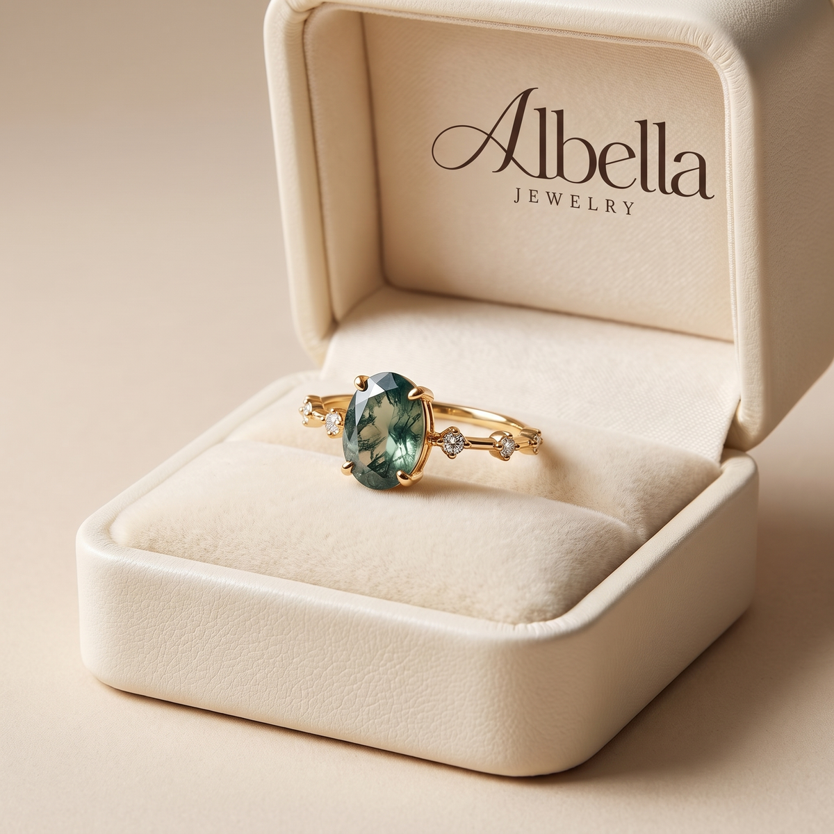 Moss Agate Oval Stacking Ring in Albella Jewelry gift box