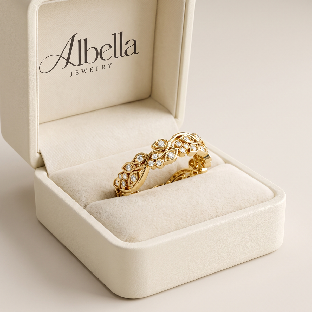 Marquise Leaf & Round Diamond Full Eternity Band in Albella Jewelry gift box