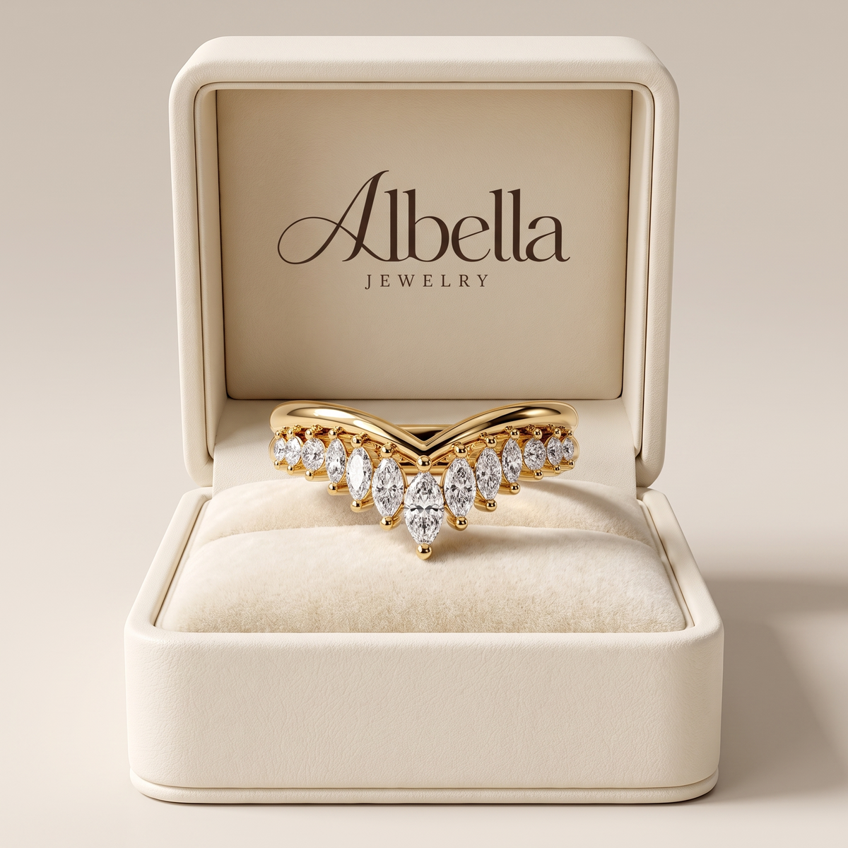 Chevron Marquise Diamond Half Eternity Ring in Albella Jewelry gift box