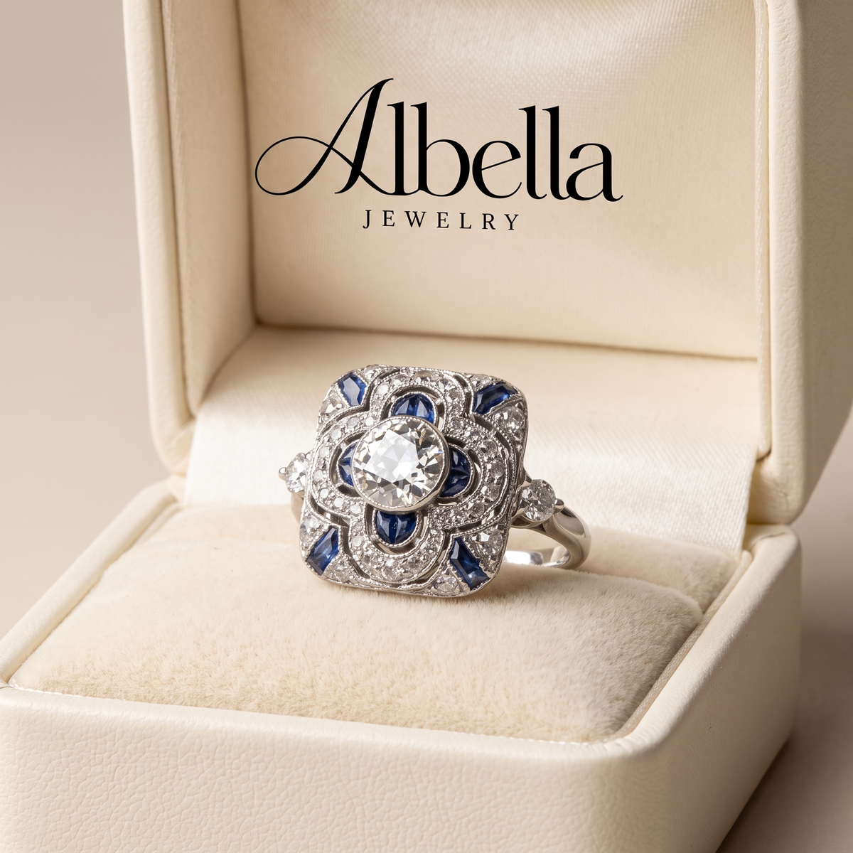 Elegant Sapphire Vintage Ring in Albella Jewelry gift box