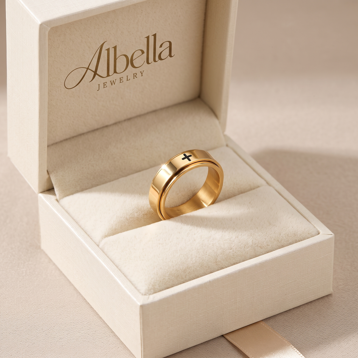 Cross Anxiety Fidget Spinner Band Ring in Albella Jewelry gift box