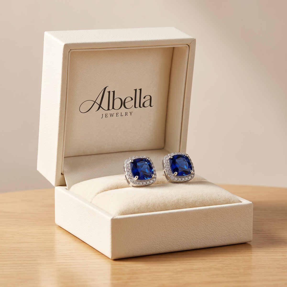 Sapphire Square Stud Earrings in Albella Jewelry gift box