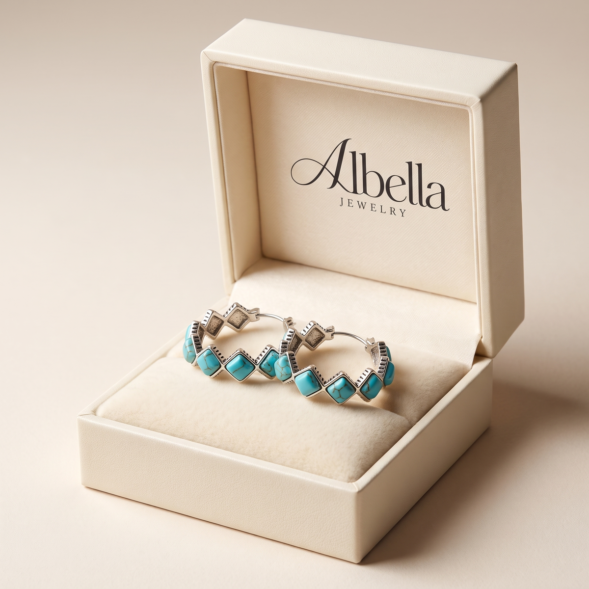 Vintage Turquoise U-Shaped Hoop Earrings in Albella Jewelry gift box