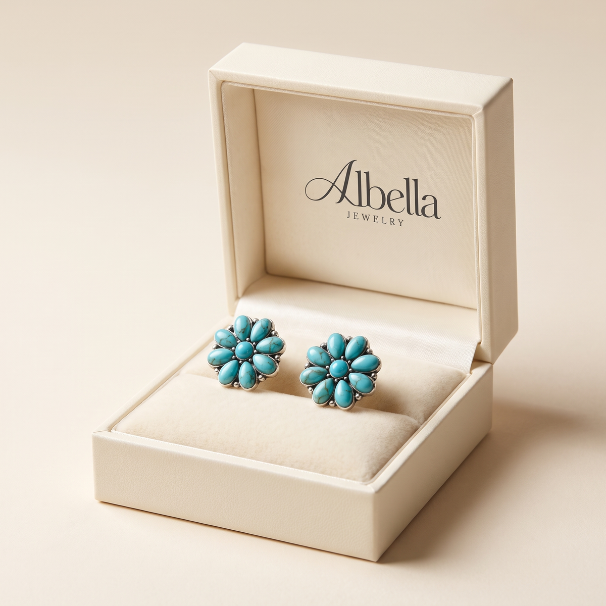Serelith Turquoise Petal White Gold Studs in Albella Jewelry gift box