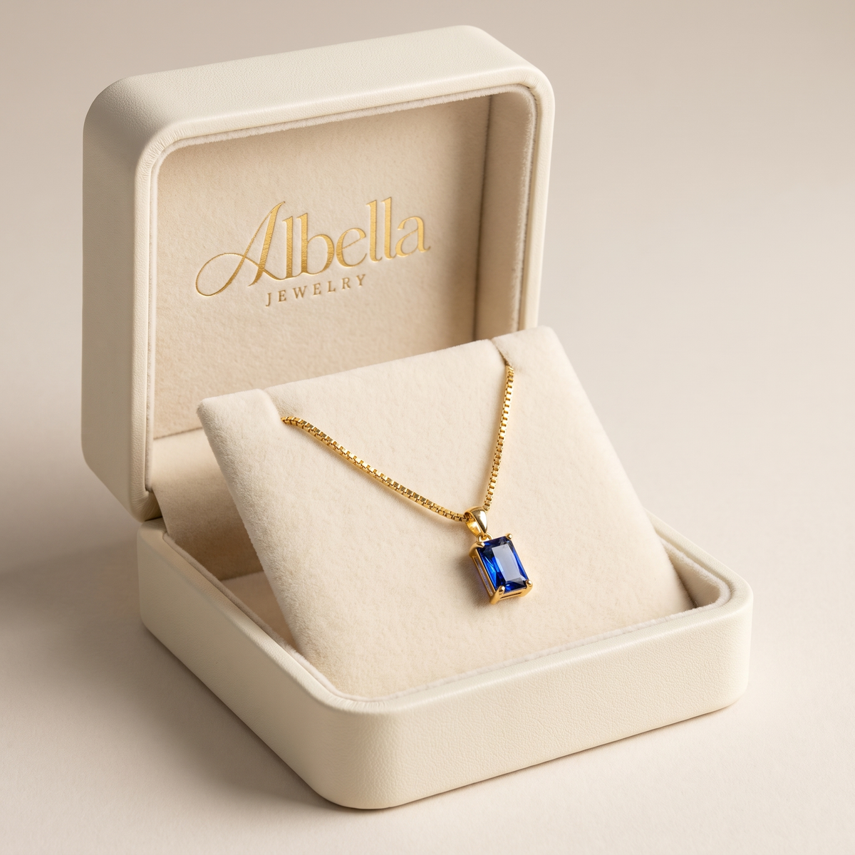 Minimalist Sapphire Pendant Necklace in Albella Jewelry gift box