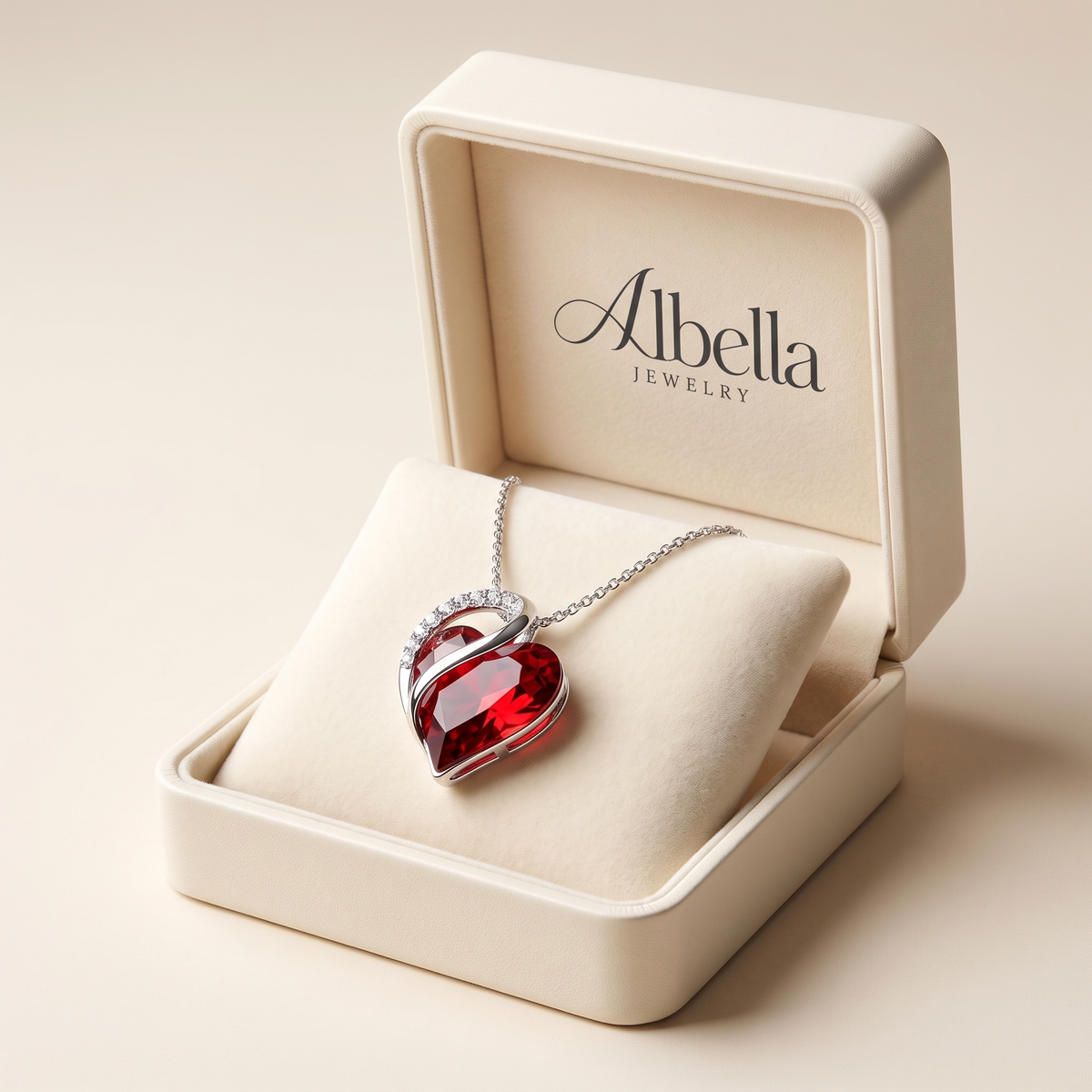 Infinity Heart Ruby Necklace in Albella Jewelry gift box