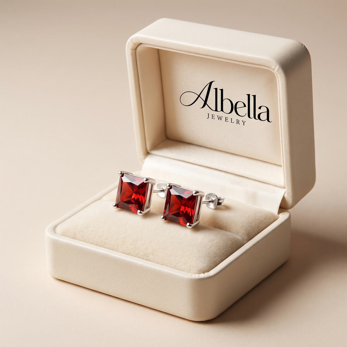 Minimalist Princess Cut Ruby Stud Earrings in Albella Jewelry gift box