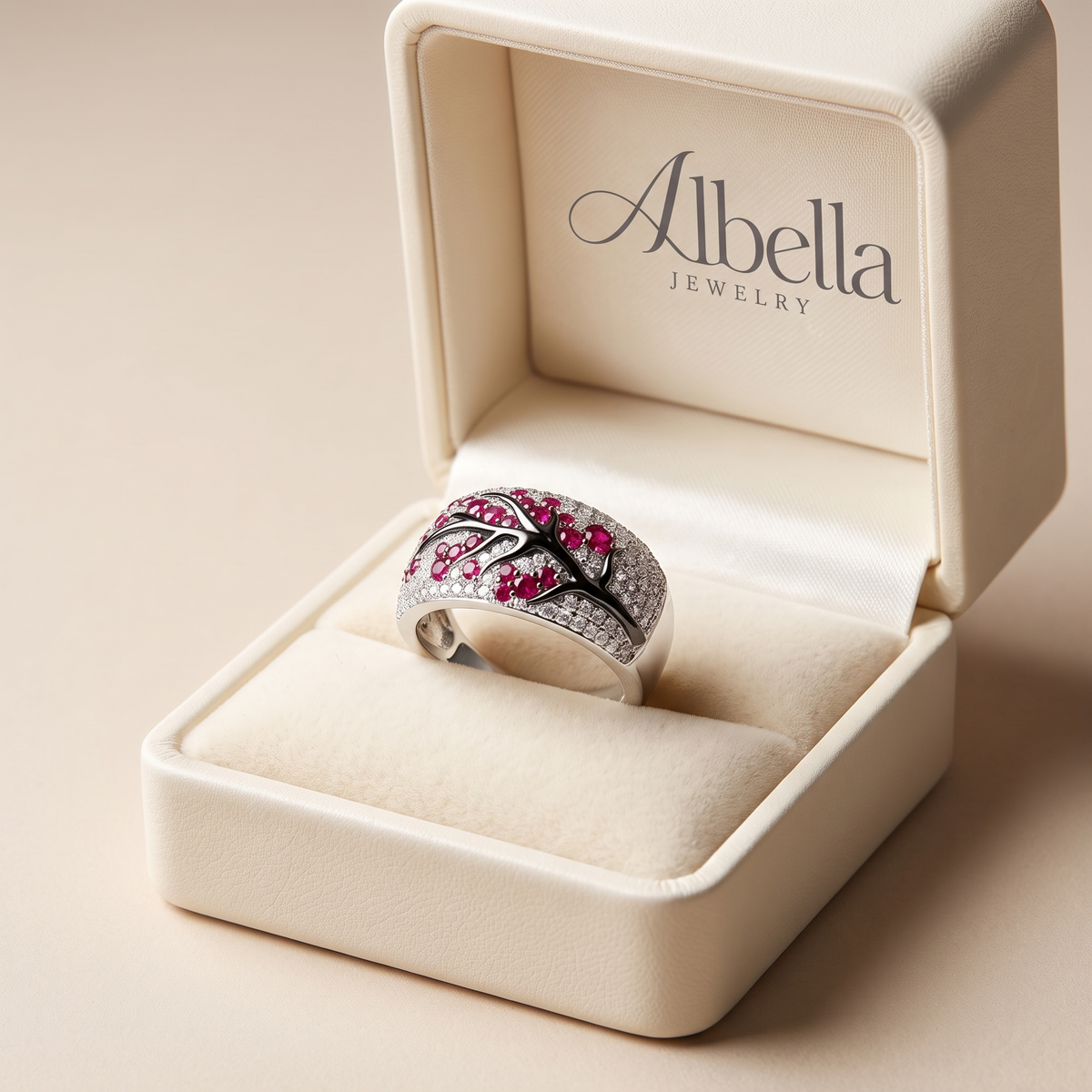 Ruby Blossom Tree Ring in Albella Jewelry gift box