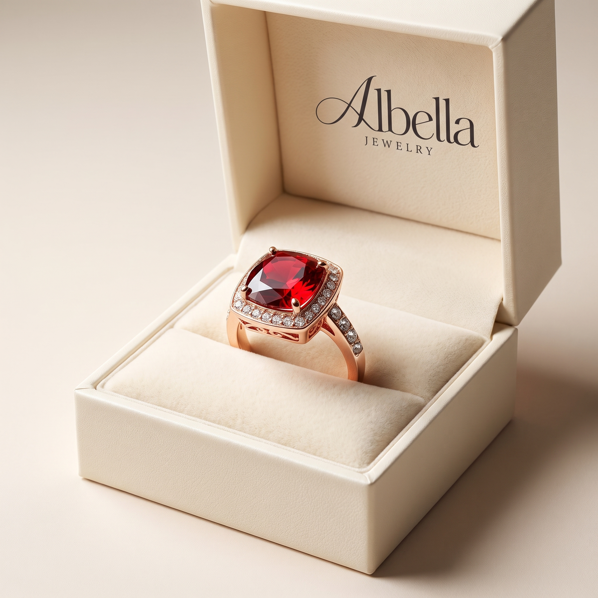 Ruby Halo Statement Ring in Albella Jewelry gift box
