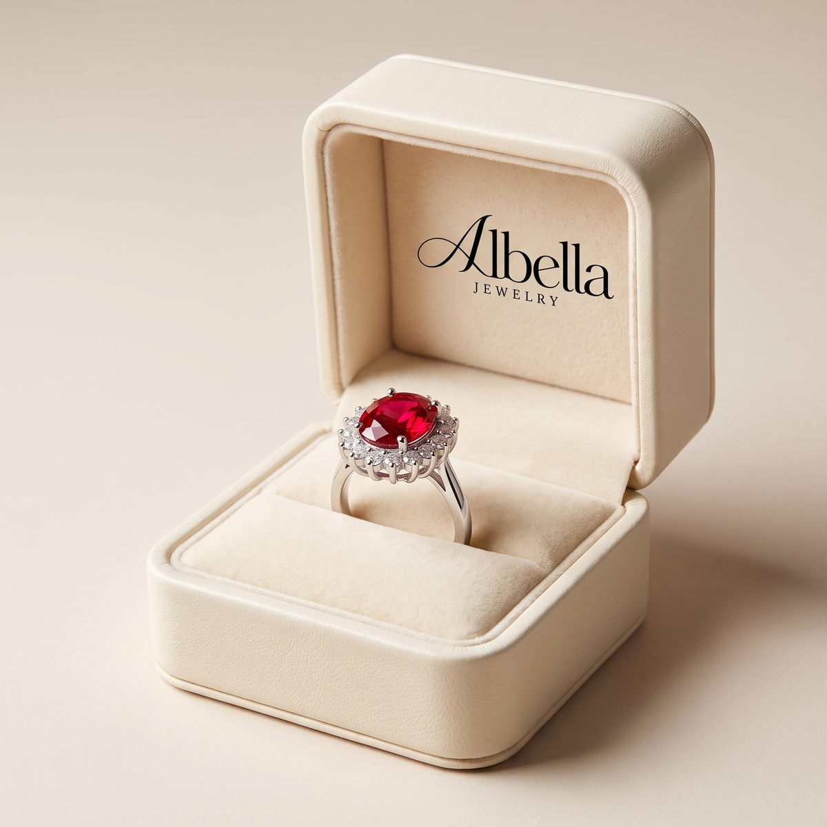 Classic Ruby Halo Ring in Albella Jewelry gift box