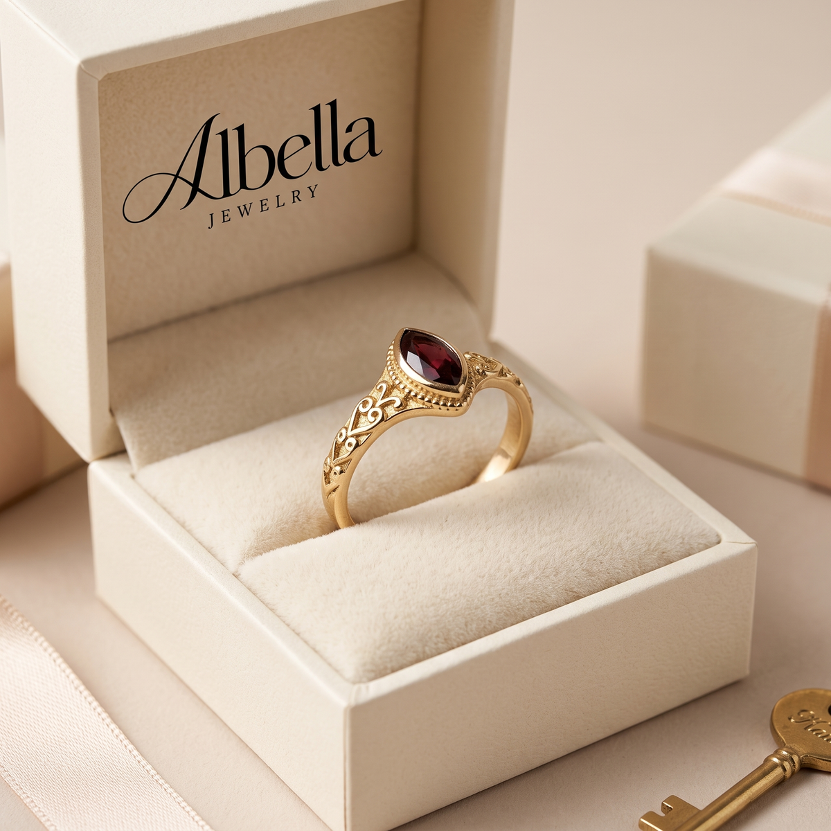 Vintage Red Inlaid Stone Gold Ring in Albella Jewelry gift box
