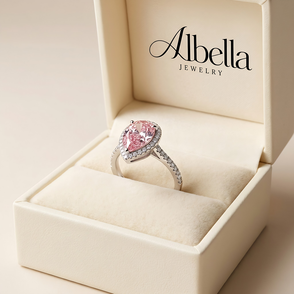 Teardrop Pink Sapphire Ring in Albella Jewelry gift box
