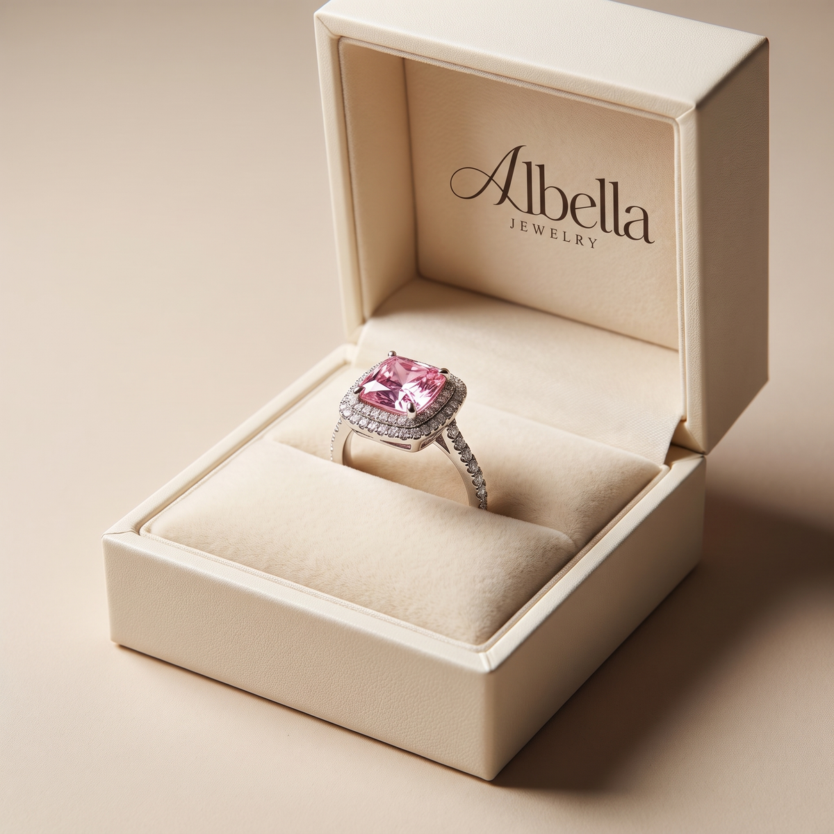 Cushion Pink Sapphire Ring in Albella Jewelry gift box