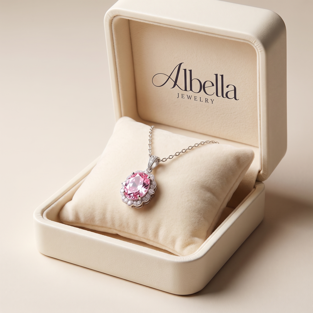 Rose Oval Crown Halo Necklace in Albella Jewelry gift box