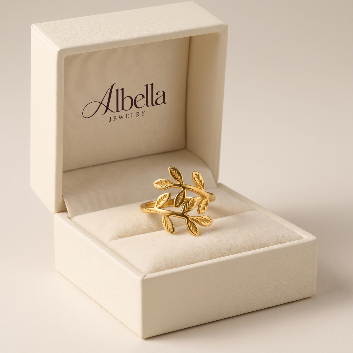Olive Leaf Wrap Ring in Albella Jewelry gift box