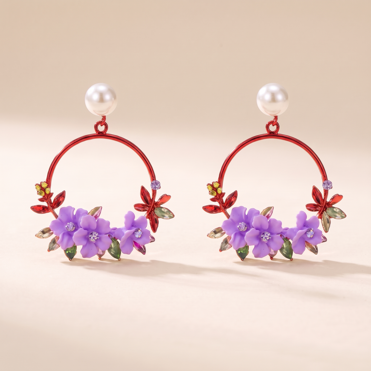 Elegant Gold Flower Earrings with Pearls – red