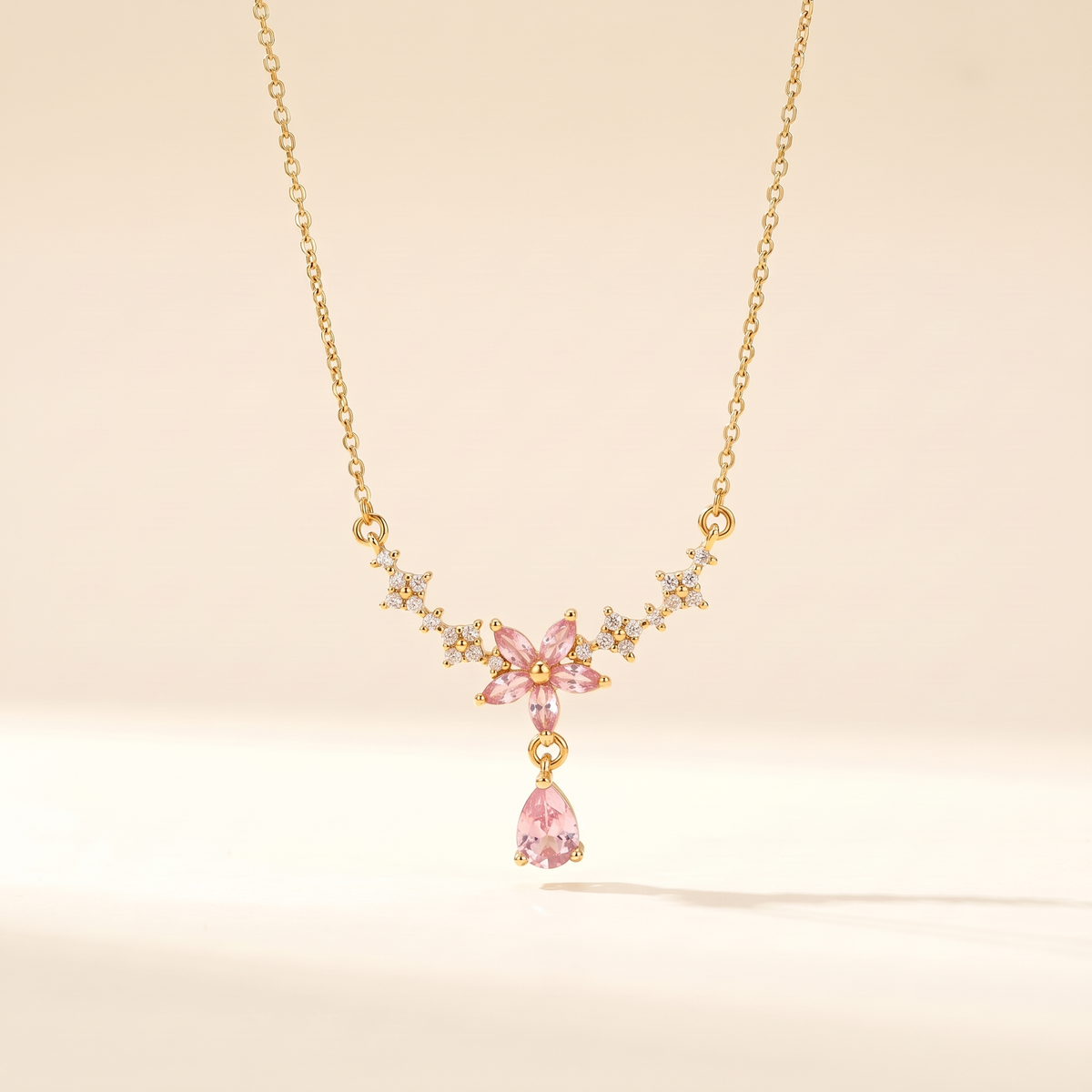 Pink Crystal Flower Drop Necklace – gold