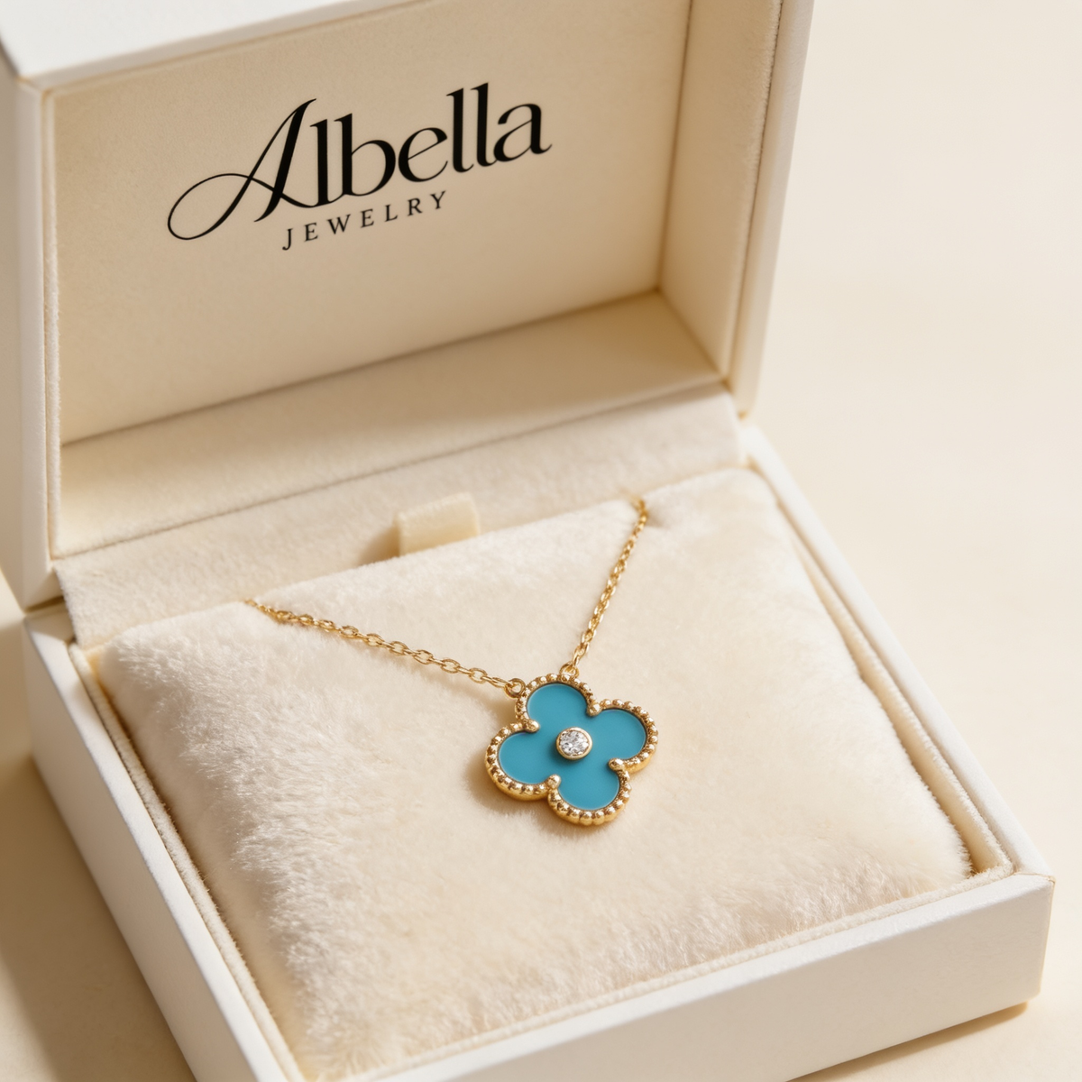 Blue Porcelain Clover Pendant Necklace in Albella Jewelry gift box