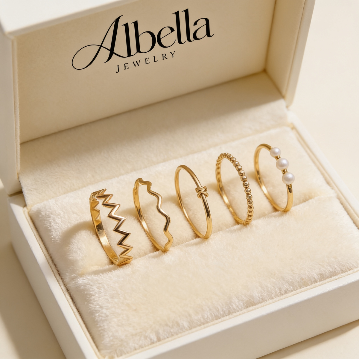 Gold Five Piece Ring Set in Albella Jewelry gift box
