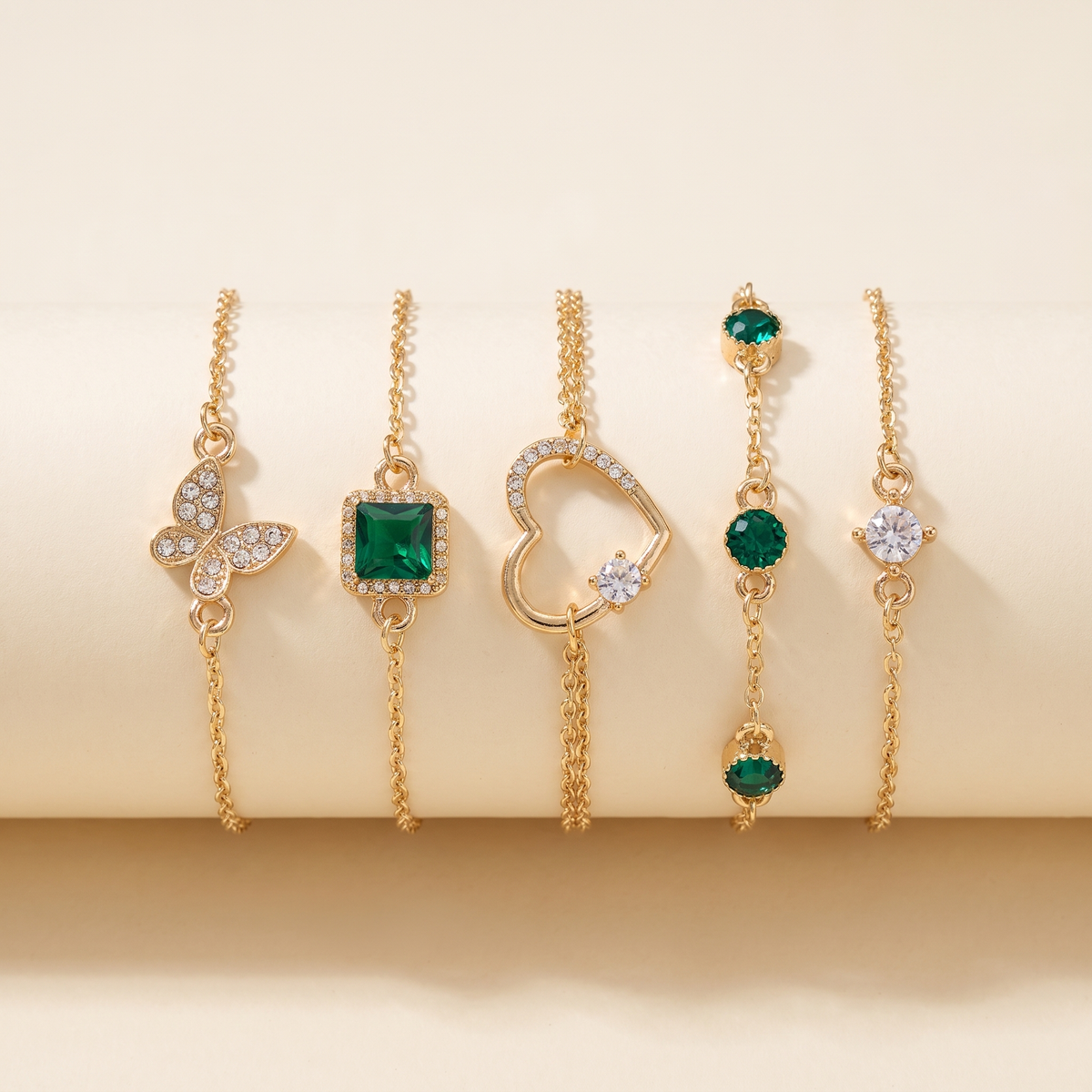 Openwork Heart Bracelet Set with Green Crystal – Albella Jewelry