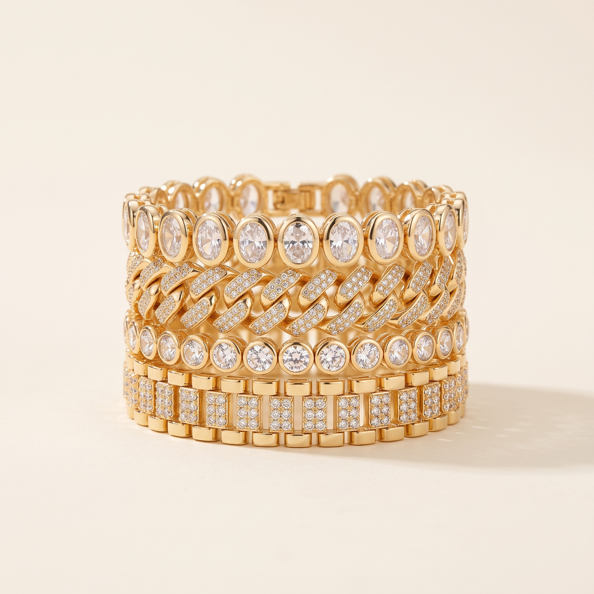 Adjustable Chunky Gold Bracelet Set with Cubic Zirconia – Albella Jewelry