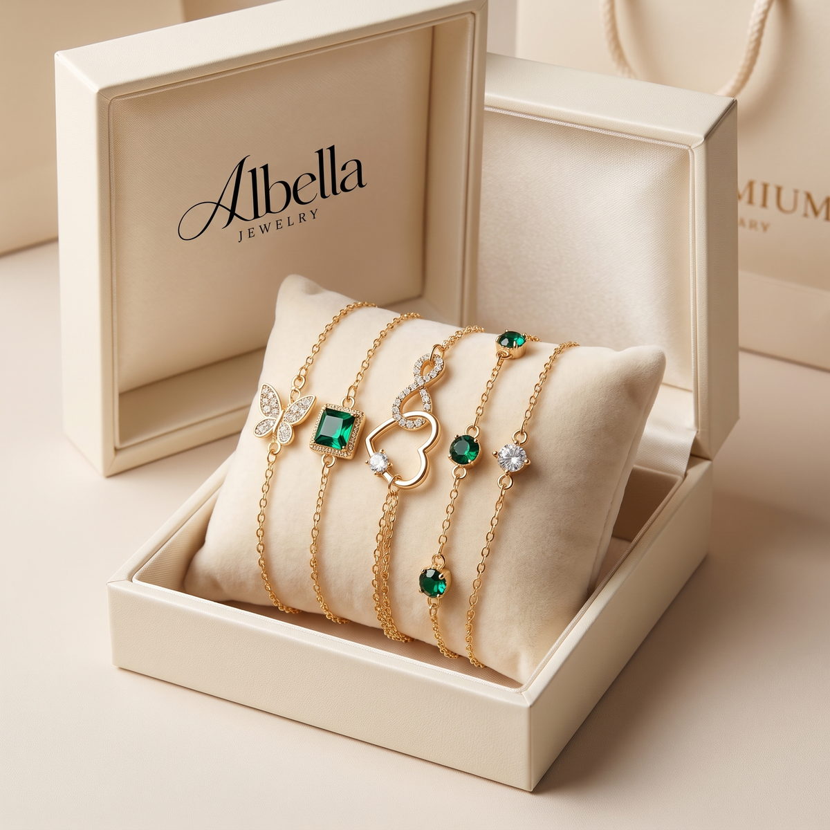Openwork Heart Bracelet Set with Green Crystal in Albella Jewelry gift box
